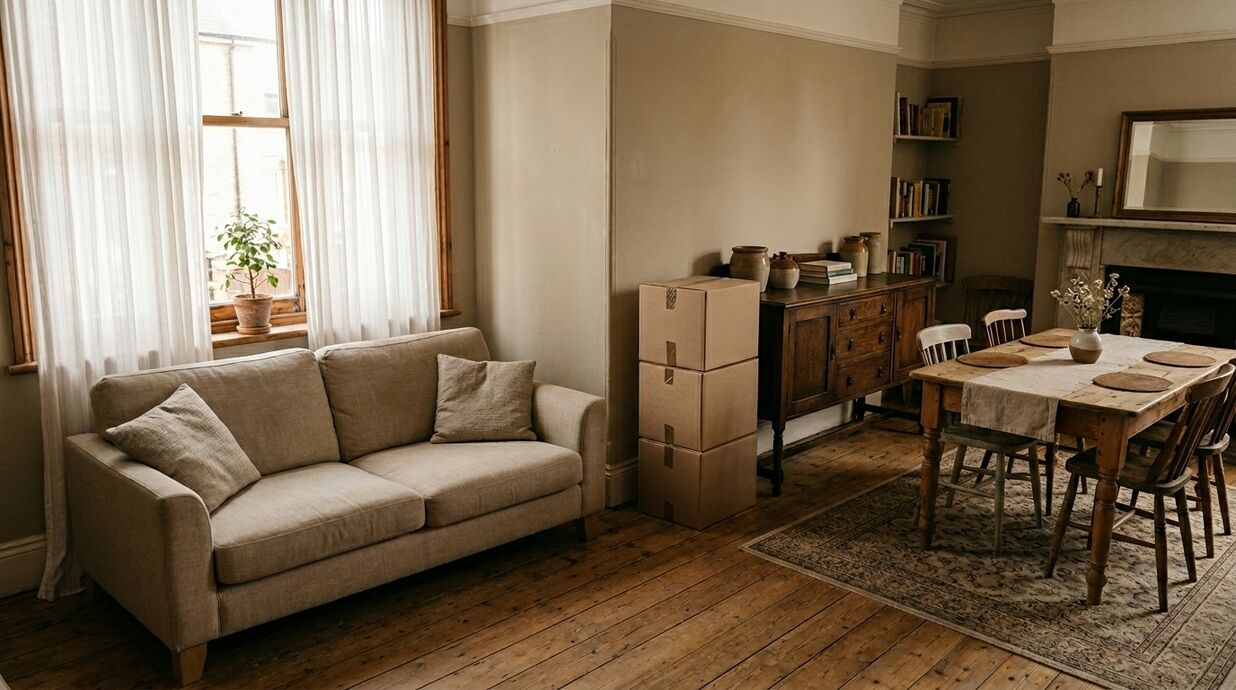 Cozy living and dining room with stacked cardboard boxes beside a wooden sideboard, sofa, dining table, and fireplace — representing the removal of deceased estate furniture in a warm home setting
