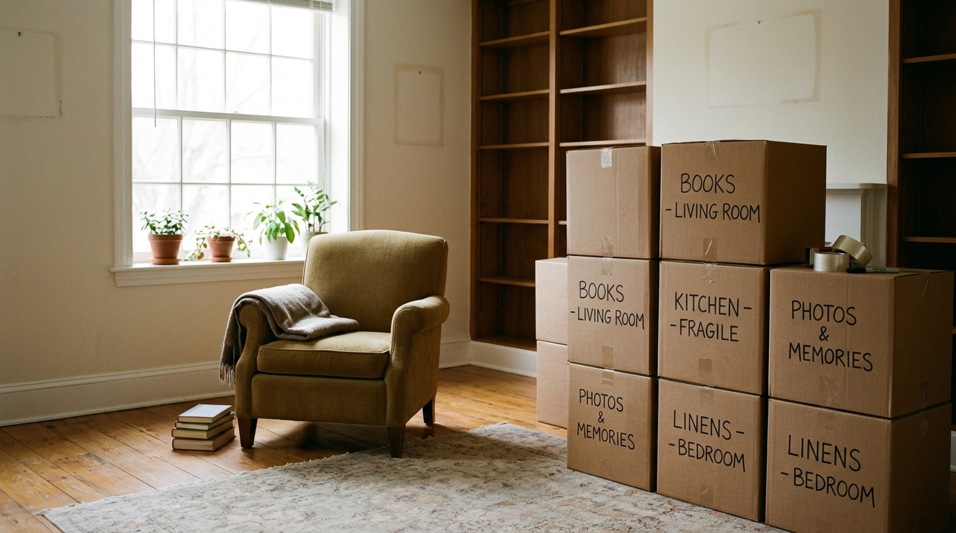 Cozy room with armchair, potted plants, and stacked labeled cardboard boxes — representing deceased estate clearance Sydney with organized belongings ready for removal.