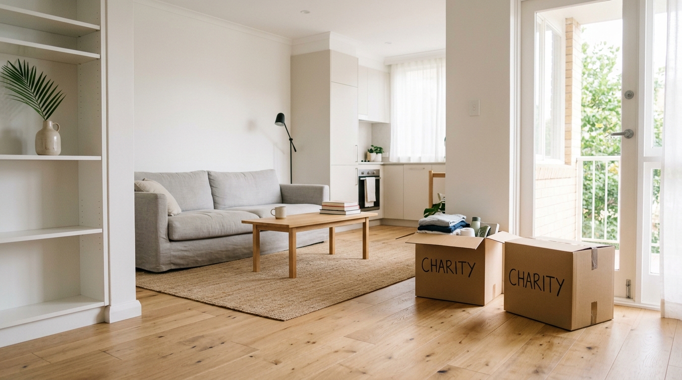 Cozy room with armchair, potted plants, and stacked labeled cardboard boxes — illustrating decluttering services Sydney with organized belongings ready for removal.