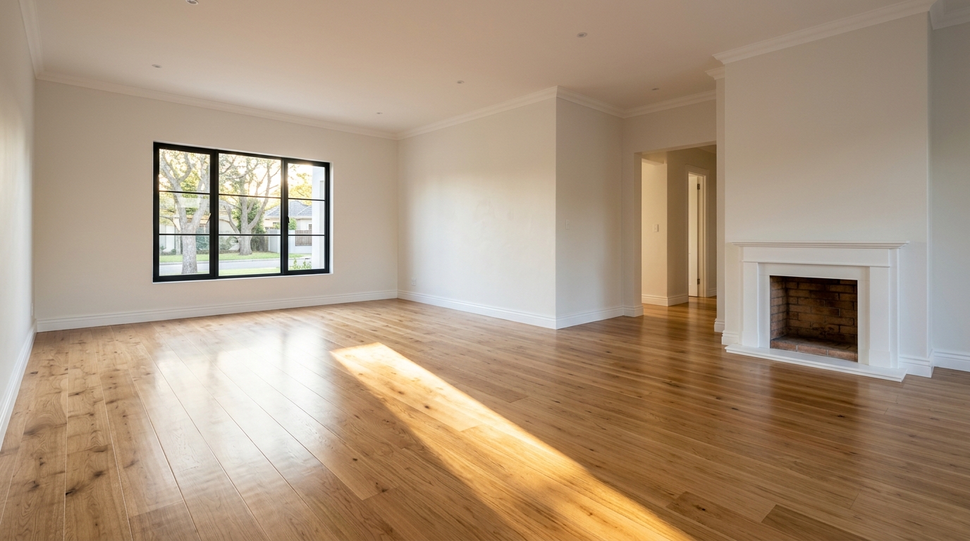 Empty living room with wooden flooring, large window, and white fireplace — representing house clearance Sydney with a clean, spacious interior.