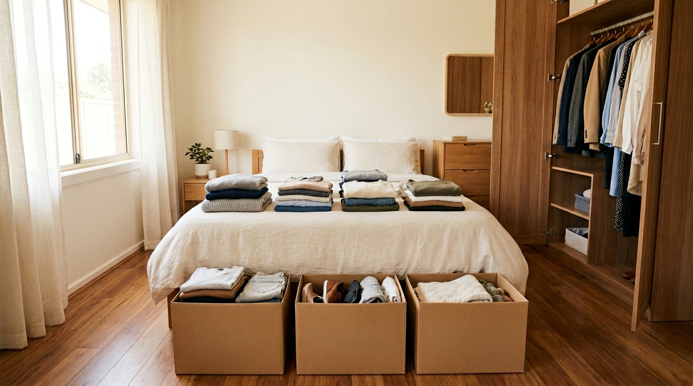 How to Clean Out Deceased Estate Organized bedroom with folded clothes stacked on bed and packed into cardboard boxes, alongside open wardrobe — illustrating how to clean out a deceased estate with care and efficiency