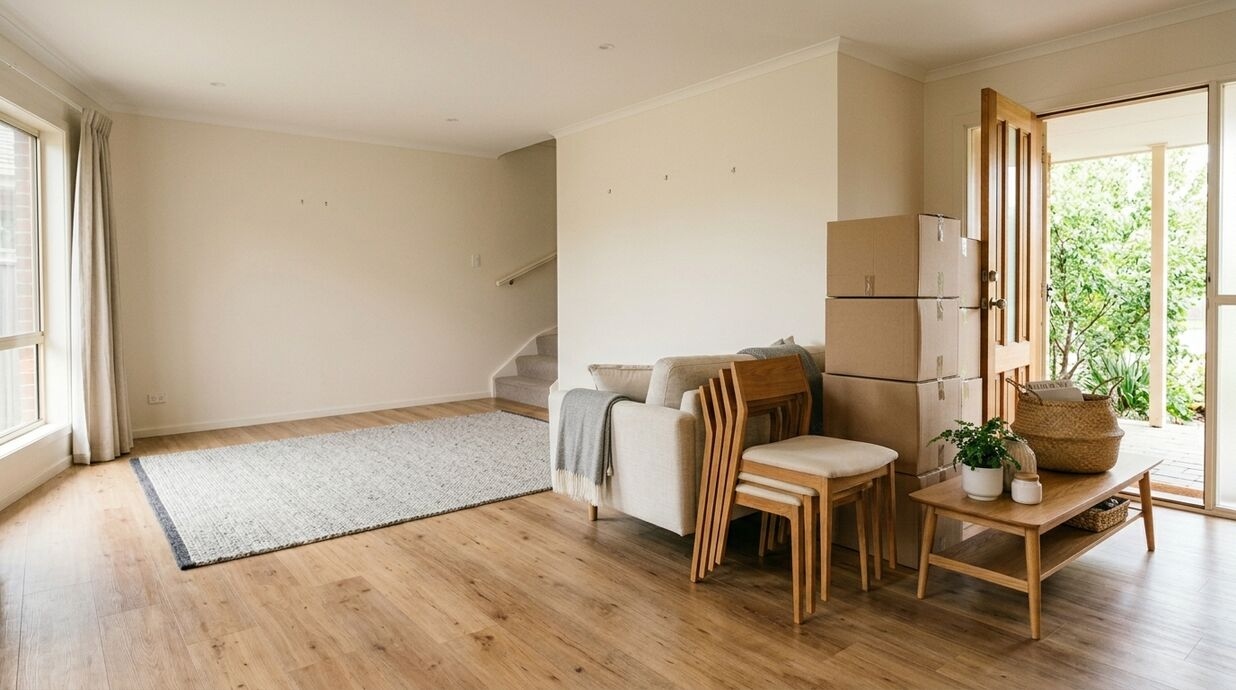 How to Get Rid of Old Furniture Bright living room with stacked cardboard boxes, sofa, chairs, and coffee table — illustrating how to get rid of old furniture during a move or estate clearance