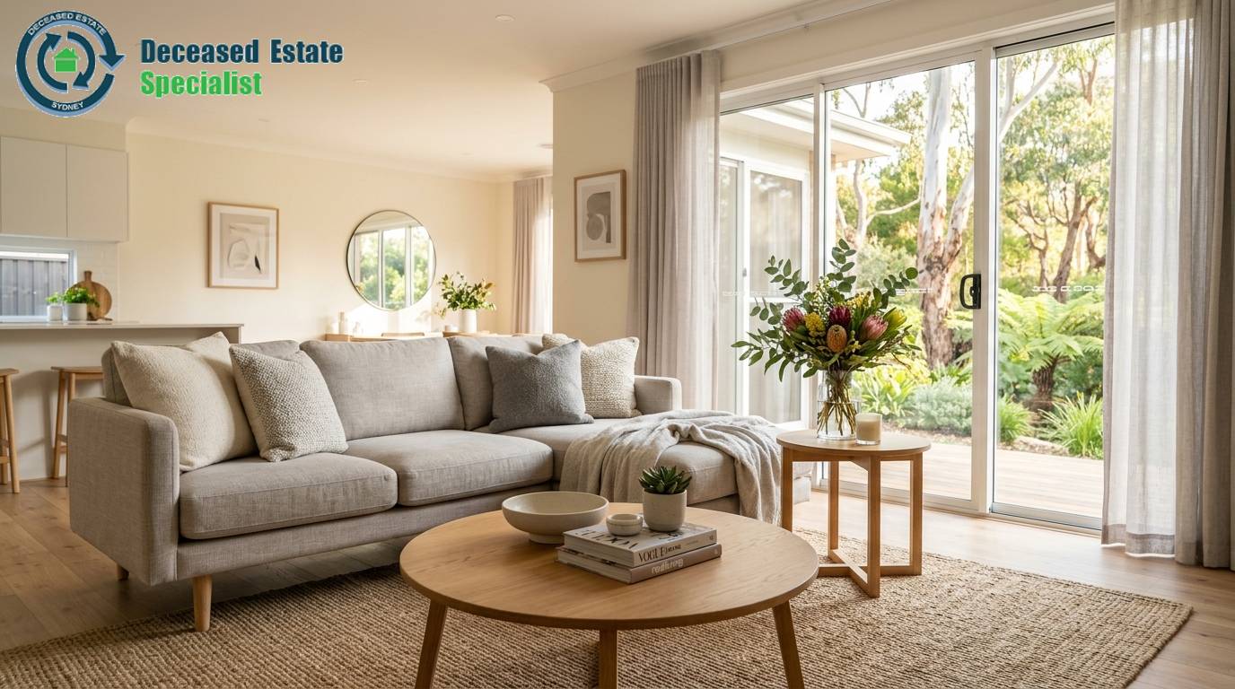How To Present A House For Sale — Modern Living Room Bright modern living room with gray sofa, wooden coffee tables, and large glass doors opening to a lush garden — showing how to present a house for sale.